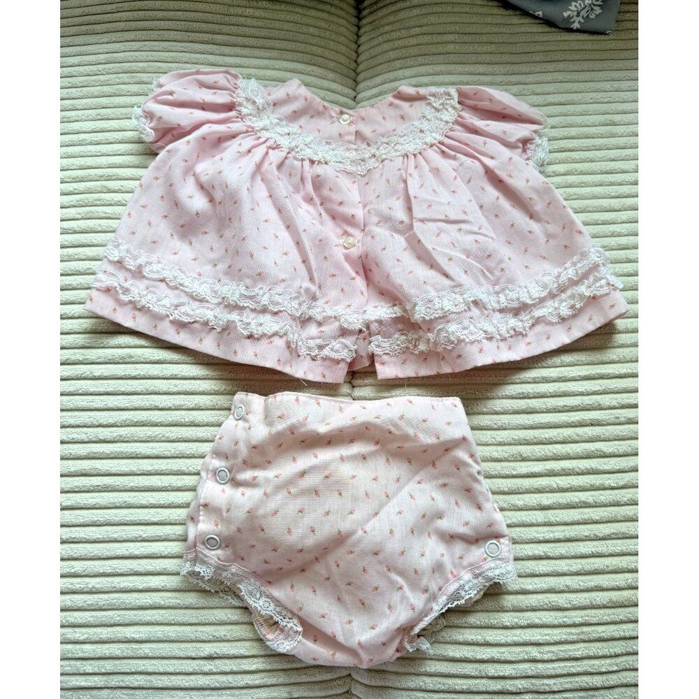 Alexis Vintage Dress Set Infants Girl's 3M 3 Months Pink Lace Rose Buds Cottage